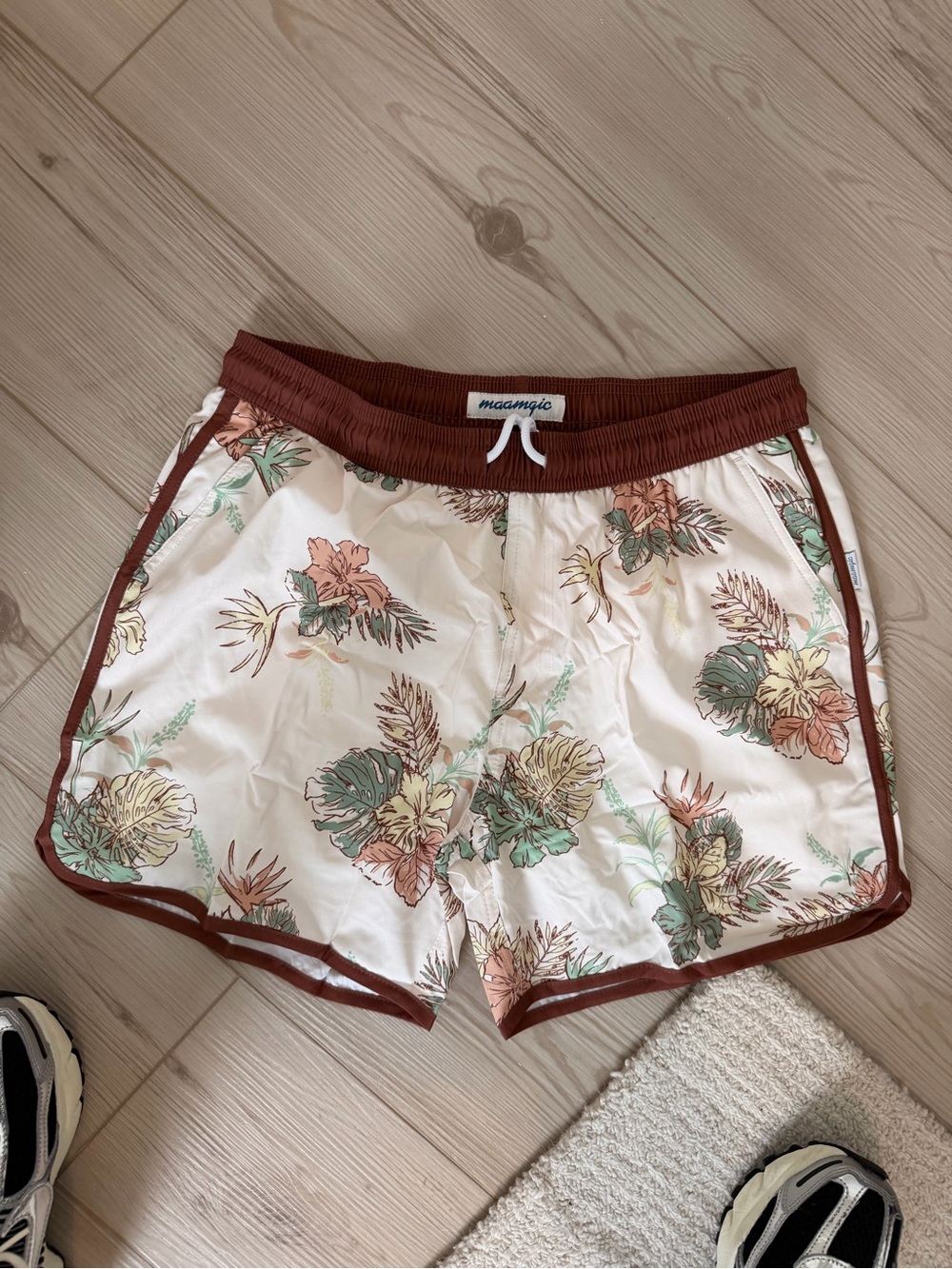 Men's Floral Cream Swim Trunks with Brown Trim
